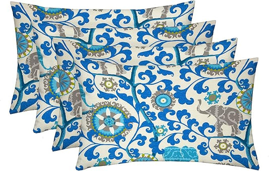 RSH DECOR: Lumbar Throw Pillows Set of 4 | 20” x 12" | All-Weather Spun Fabric | Water and Fade-Resistant | Outdoor Support Pillows for Patio Furniture | Blue Elephant Bohemian