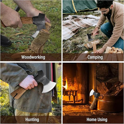 Small Camping Axe with Leather Sheath, 8.46" Backpacking Hatchet with Wooden Handle, Splitting Axe for Jungle, Gardening, Hunting, Survival