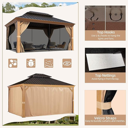 MELLCOM 10'x12' Hardtop Gazebo, Wooden Finish Coated Aluminum Frame Canopy with Galvanized Steel Roof, Outdoor Metal Gazebos with Curtains and Nettings for Patio, Backyard, Deck and Lawns
