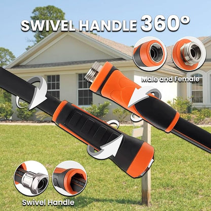 Giraffe Tools Garden Hose 25ft x 5/8", Water Hose Heavy Duty, Flexible with Water Timer Nozzle and Yard Sprinkler, Lightweight Hybrid Hose with Swivel Handle, Male to Female Fittings, Burst 600 PSI