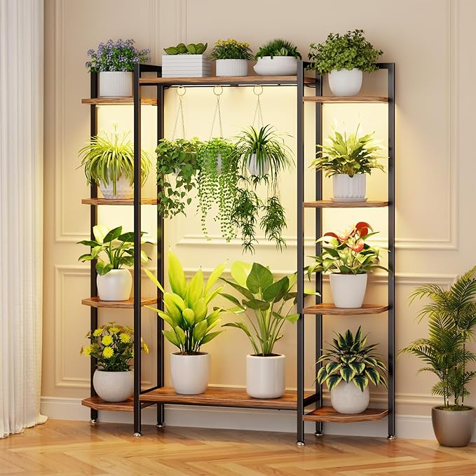 C1 Plant Stand Indoor with 6 Grow Lights, 6 Tiered Large Metal Plant Stand, 55 Inches Tall Plant Shelf with Hooks, Plant Holder Display Shelves for Patio, Garden, Living Room, Balcony