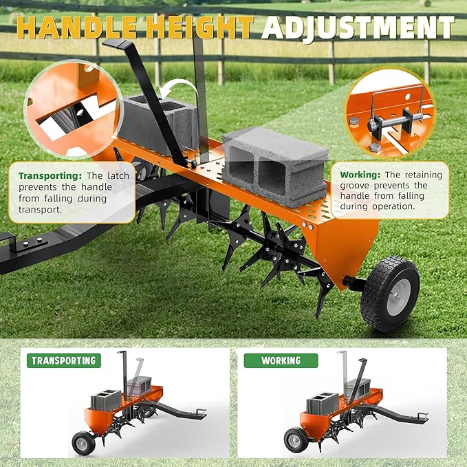 48" Lawn Aerator Tow Behind, Pull Behind Aerator with Universal Hitch, 32 Galvanized Steel Tines, Tray and Pneumatic Tires, Plug Behind Aerator is Suitable for Gardens, Lawns and Farms