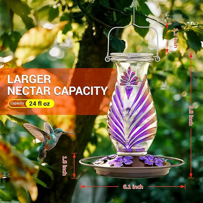 Hummingbird Feeder for Outdoors, 24oz Glass Nectar Feeder with Perch & 5 Flower Feeding Ports, Leakproof Hanging Bird Feeder for Garden Yard Decor, Outside Gifts for Women & Mom, Lavender