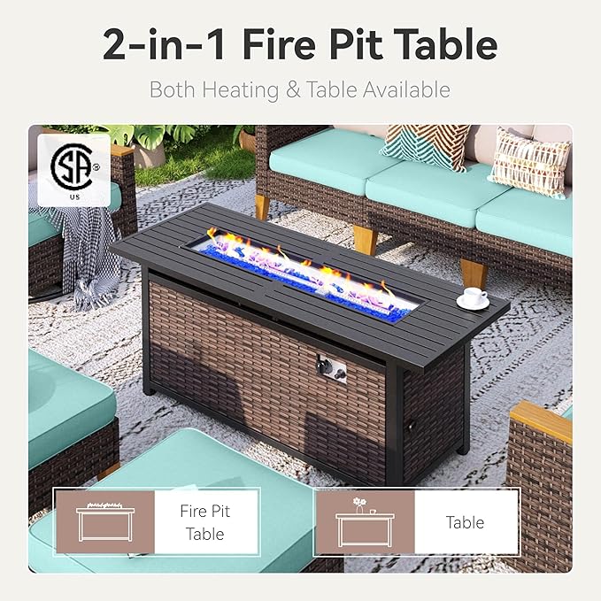 GREEN PARTY 7 Pieces Wicker Patio Furniture Set with 56" Fire Pit Table, All-Weather Outdoor Rattan Patio Sectional Sofa Conversation Set 7 Seats with 4" Thick Cushions for Garden, Backyard (Blue)