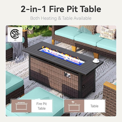 GREEN PARTY 8 Pieces Wicker Patio Furniture Set with 56" Fire Pit Table, All-Weather Outdoor Rattan Patio Half-Moon Curved Sectional Sofa Conversation Set with 4" Thick Cushions for Garden (Blue)