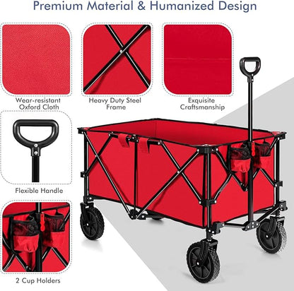 Goplus Collapsible Wagon, Folding Utility Wagon Cart w/Universal Wheels & Adjustable Handle & Cover Bag, Grocery Wagon for Garden Shopping Camping (Red)