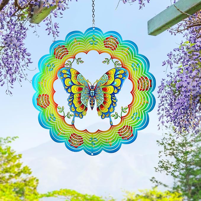 Butterfly Wind Spinners Butterfly Gifts for Women/Men 12 inch 3D Stainless Steel Hanging Wind Spinner Metal Wind Catchers Kinetic Sculpture for Indoor/Outdoor Decor, Yard Art, Garden Decorations