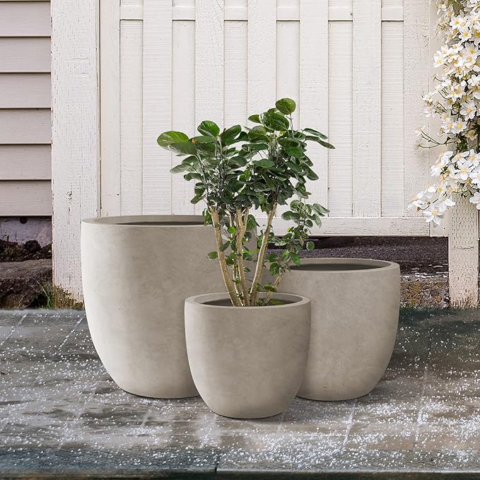Kante 20",16.5",13.4" Dia Round Concrete Planters (Set of 3), Outdoor Indoor Modern Decorative Plant Pots with Drainage Hole & Rubber Plug for Home & Garden, Weathered Concrete