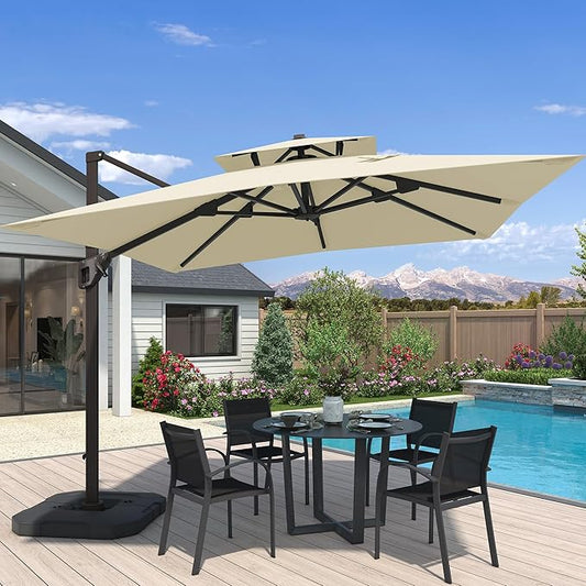 10x10 FT Cantilever Patio Umbrella Double Top Outdoor Square Large Heavy Duty Aluminum Offset Umbrellas with 7 Level Tilt 360-degree Rotation for Pool Garden Deck, Beige