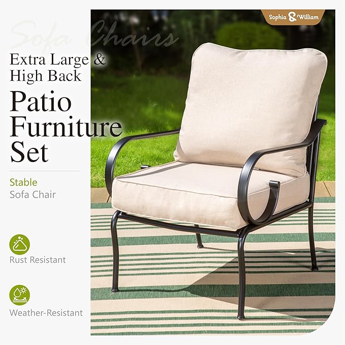 Sophia & William 4 Piece Patio Furniture Set, Outdoor Conversation Sets 5 Seat Clearance with 3-seat Sofa x 1, Cushioned Chair x 2, Metal Coffee Table x 1 for Backayrd Lawn, Beige