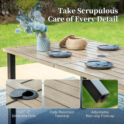 7 Piece Patio Dining Sets for 6, Outdoor Table and Chairs with Cushioned Wicker Swivel Patio Chairs & Wood-Like Dining Table (1.61-2”Umbrella Hole), Outdoor Dining Sets for Backyard