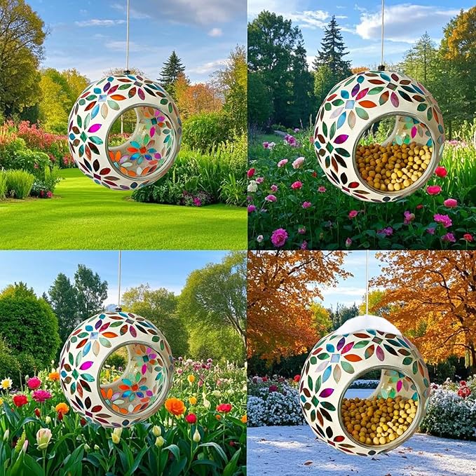 Mosaic Bird Feeder, Outside Hanging with Round Shape Glass BirdFeeders to Attract More Wild Birds, Mosaic Fly Through for Garden, Yard, Backyard, Deck and Porch Decor, Multicolor 7-Inch