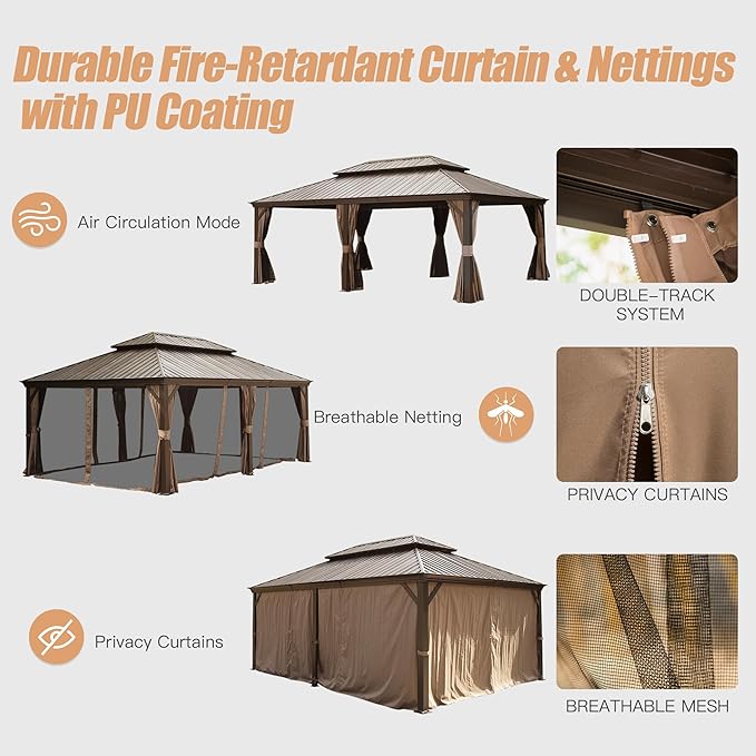 Domi 14' X 24' Hardtop Gazebo Large Outdoor Metal Gazebo Canopy with Galvanized Steel Double Roof, Aluminum Frame, Curtains and Netting for Patio, Deck, Garden, Brown
