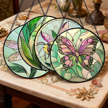 Stained Glass Window Hanging 4 Pcs Set Pink Green Insect Theme 6.3" - Butterfly Suncatcher Door Garden Sun Catcher Decor Birthday Christmas for Mom Woman Nana Men