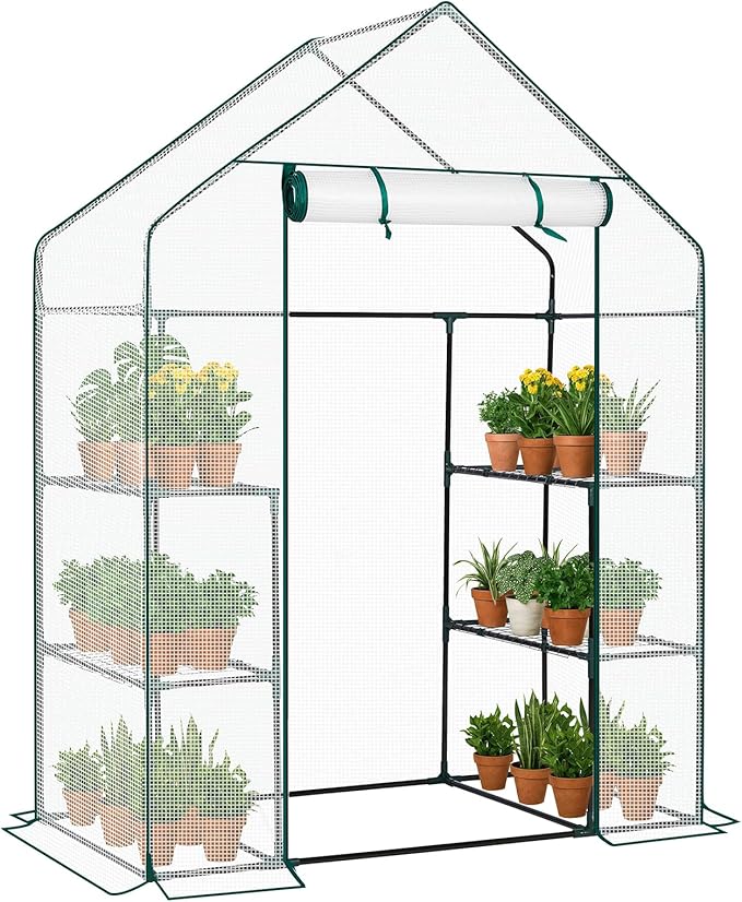 Outvita Walk-in Greenhouse, Outdoor Durable PE Plant Green House for Frost Protection with 3 Tiers 4 Shelves, Shelf Clips, Roll-up Zipper Door, 56"x29"x77" White