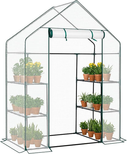 Outvita Walk-in Greenhouse, Outdoor Durable PE Plant Green House for Frost Protection with 3 Tiers 4 Shelves, Shelf Clips, Roll-up Zipper Door, 56"x29"x77" White