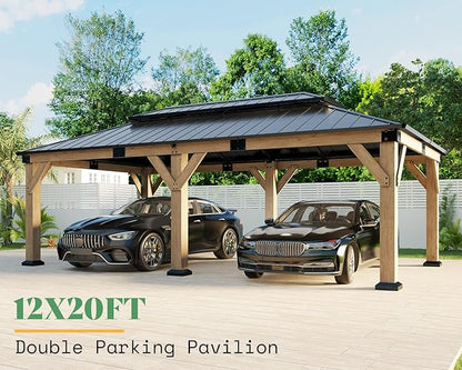 AMERLIFE 12x20 ft Hardtop Gazebo, Spruce Wood Gazebo with Iron Double Roof, Outdoor Pergola with Wood Frame for Garden, Porch, Patio, Charcoal Gray + Brown Gray