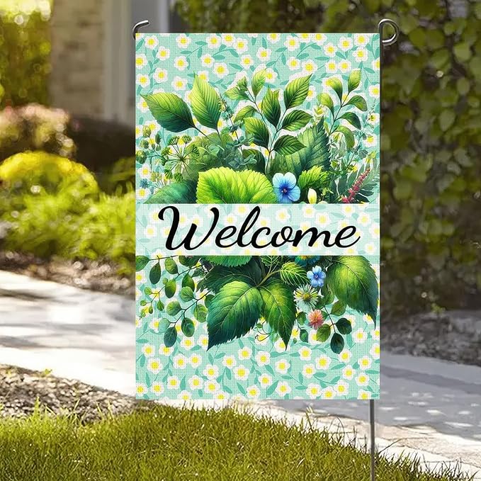 Spring Welcome Garden Flag 12x18 Inch Double-Sided Floral Greenery Yard Flags Decoration for Spring Summer Outdoor Decor Eucalyptus Seasonal Farmhouse Yard Outdoor Flag