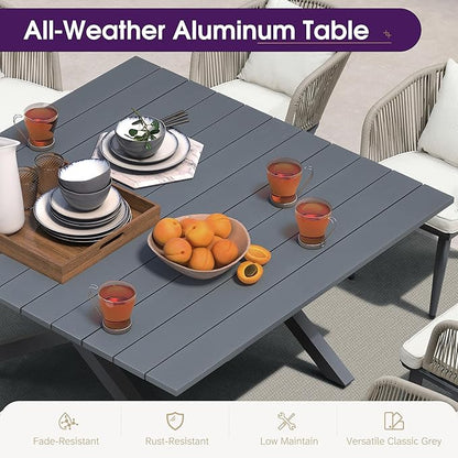 PURPLE LEAF 9 Pieces Outdoor Metal Furniture Set Patio Conversation Sets Dining Set, 1 Square Dining Table and 8 Modern Chairs with Cushions Seat Taupe