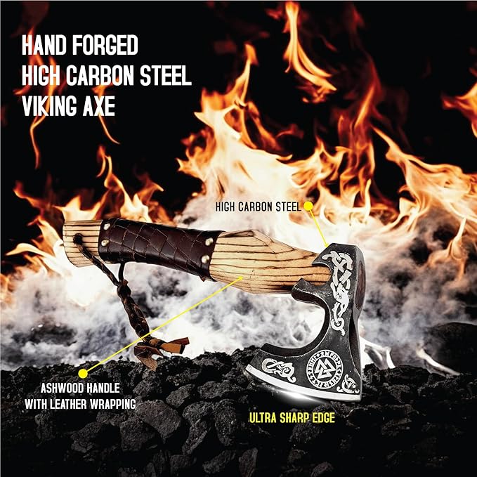 Viking Axe Ashwood Handle Handmade Carbon Steel Blade, Outdoor Camping Hunting, Norse Hatchets Axes, with Leather Wrapped Handle & Leather Sheath Wood Splitting Axes