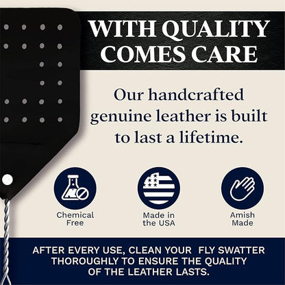 Leather Fly Swatter Set (2 Pack) – 17” Amish-Made Fly Swat w/Real Leather Paddle – Fly Swatters Multi Pack w/Metal Handle – Bug Swatter, Mosquito Swatter, Wasp Swatter (Black)