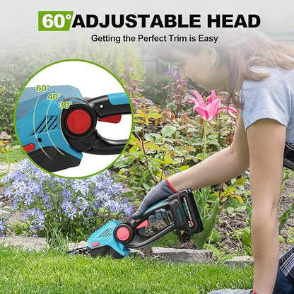 Cordless Hedge Trimmer,21v Electric Grass Shears & Shrub Trimmers,Handheld 2-in-1 Battery Powered Hedge Trimmer for Patio/Lawn, Gardening Tools, Included Charger (Blue-Red+1 * Battery)