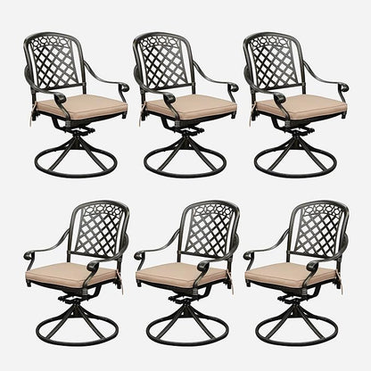 Set of 6 Cast Aluminum Patio Chairs with Cushions, All-Weather Aluminum Outdoor Swivel Chairs, Metal Outdoor Rocking Chairs for Backyard, Poolside and Bistro (Khaki, 6 Pieces)