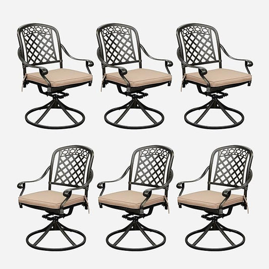 Set of 6 Cast Aluminum Patio Chairs with Cushions, All-Weather Aluminum Outdoor Swivel Chairs, Metal Outdoor Rocking Chairs for Backyard, Poolside and Bistro (Khaki, 6 Pieces)