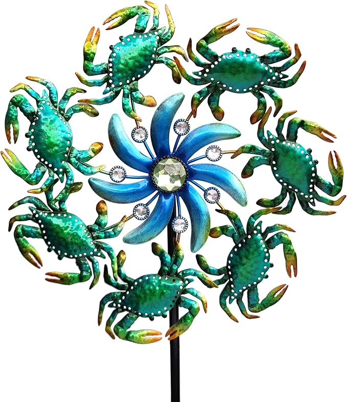 39" Crab Wind Spinners Metal Windmill Garden Stake,Ocean Theme Outdoor Wind Spinner,Wind Sculptures Yard Art Decorations for Patio,Lawn & Garden Decor