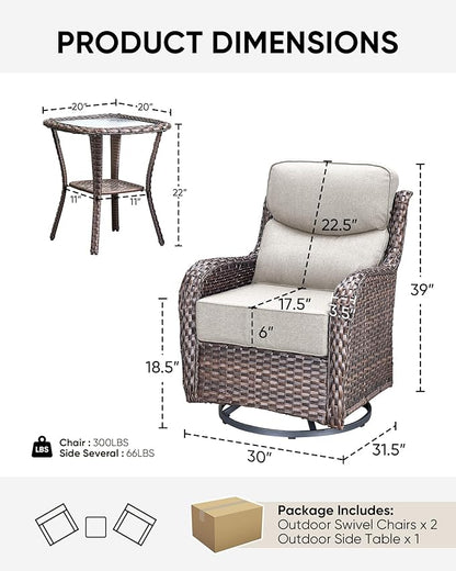 HUMMUH Outdoor Patio Wicker Swivel Rocker Chairs with 6-Inch Thick Cushion High Back 3 PCS Wicker Conversation Set for Porch Balcony Deck