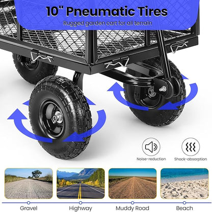 TEANDE Garden Cart, Heavy Duty 880Lbs Capacity Mesh Steel Garden Cart with Removable Sides to Convert into Flatbed, Utility Metal Wagon with 180° Rotating Handle and 10 in Tires, Black