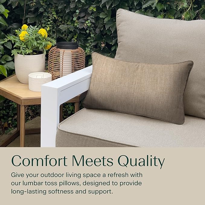 Honeycomb Outdoor Lumbar Pillow 2-Pack, 22 x 12, Textured Solid Birch Tan Throw Pillows for Patio Furniture