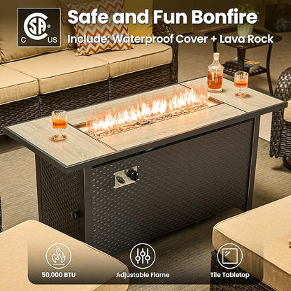 ovios 10 Pieces Patio Furniture Set, Outdoor Wicker Sofa Couch with Swivel Chairs 54" Fire Pit Table, High Back All Weather Modern Conversation Sets, Brown Rattan, Beige
