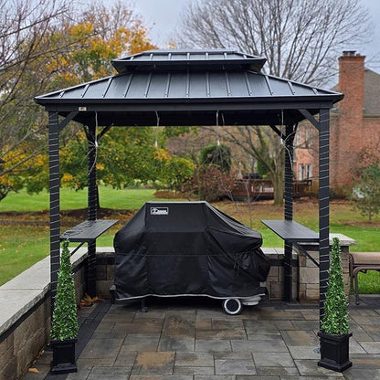 PURPLE LEAF 6' X 8' Hardtop Grill Gazebo for Patio Permanent Aluminum Barbeque Shelter Canopy with Ceiling Hook and Shelves Double Tiered Grey Outdoor BBQ Gazebo
