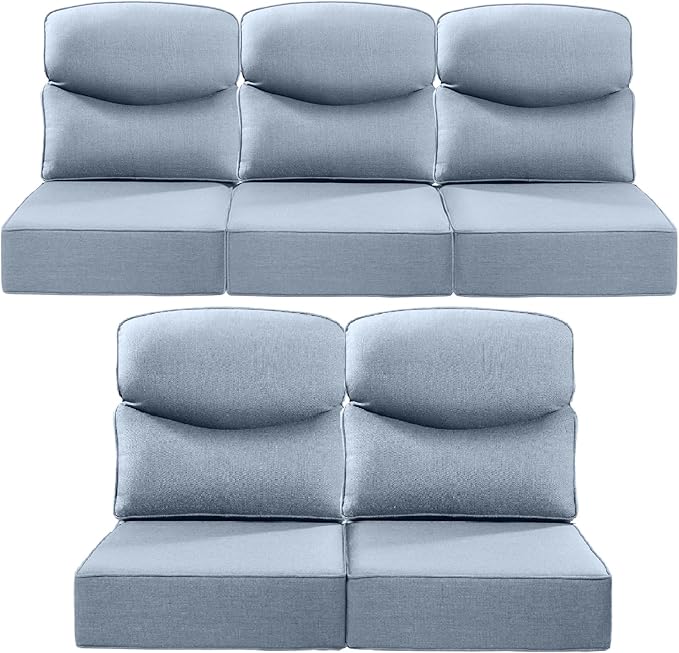 Luxury 22x24/22x25 6-Inch Smile Outdoor Cushions for Patio 5 Piece Set - Set of 5 Zippered Outside Pillows for Wicker Dining Rocking Swivel Chairs Loveseat Couch Sectional Sofa - Baby Blue