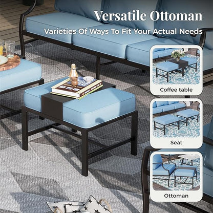 Patio Furniture Set 5 pcs, Outdoor Patio Furniture, 3-Seat Sofa, 2 Rocking Chairs, 2 Ottomans and 5.75" Extra Thick Cushion, Patio Conversation Set for Garden Backyard Deck,Blue