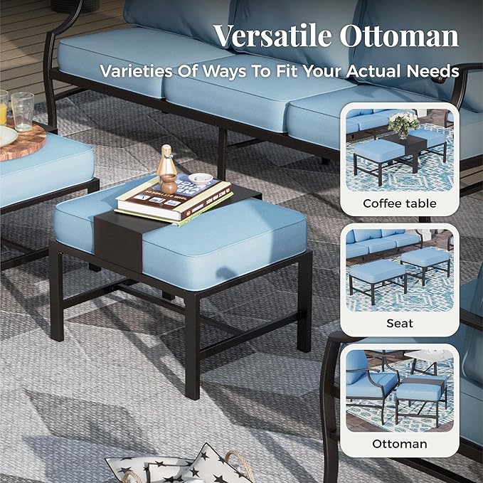 Patio Furniture Set 6 pcs, Outdoor Patio Furniture, 3-Seat Sofa, 2 Swivel Chairs, 2 Ottomans, Coffee Table and 5.75" Extra Thick Cushion, Patio Conversation Set for Garden Backyard Deck,Blue
