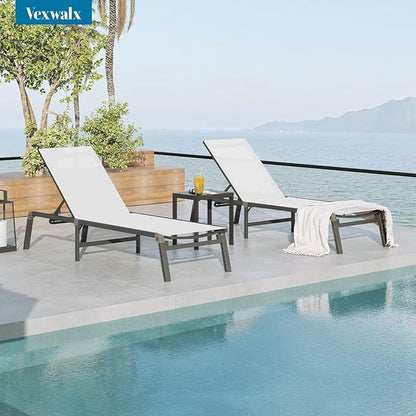 Foldable Pool Lounge Chairs, Aluminum Chaise Lounge Outdoor with 5 Positions Recliner - Free Assembly - Patio Lounge Chair for Poolside, Beach (White)