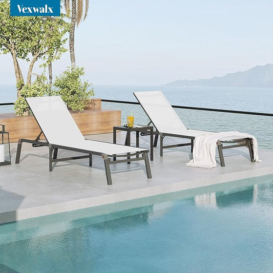 Foldable Pool Lounge Chairs, Aluminum Chaise Lounge Outdoor with 5 Positions Recliner - Free Assembly - Patio Lounge Chair for Poolside, Beach (White)
