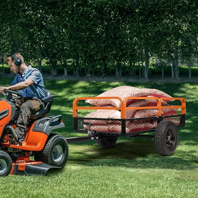 Heavy Duty Tow Behind Dump Cart - 1500 Lb Capacity 15 Cu.Ft Steel Utility Trailer, Removable Sides, Foot-Operated Dump for ATVs, UTVs, Lawn Mowers, Garden Yard