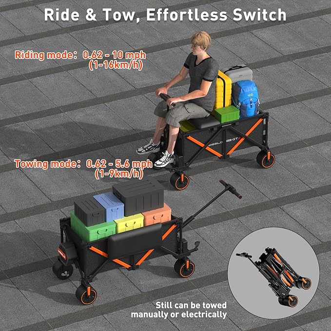 WISELD GT3 Electric Wagon Cart with 2 Seats, Dymanic Load 551LBS/Static 771LBS, All Terrain Wagon, 2 Modes, Reverse Function, Precision Steering, for Shopping, Sports, Garden, Camping