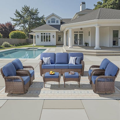 7 Pieces Patio Furniture Set Outdoor Sectional Sofa Couch with 4 Rocking Swivel Chairs 5" Deep Seat Chairs, Modern Wicker Rattan Conversation Set, Blue/Brown Wicker