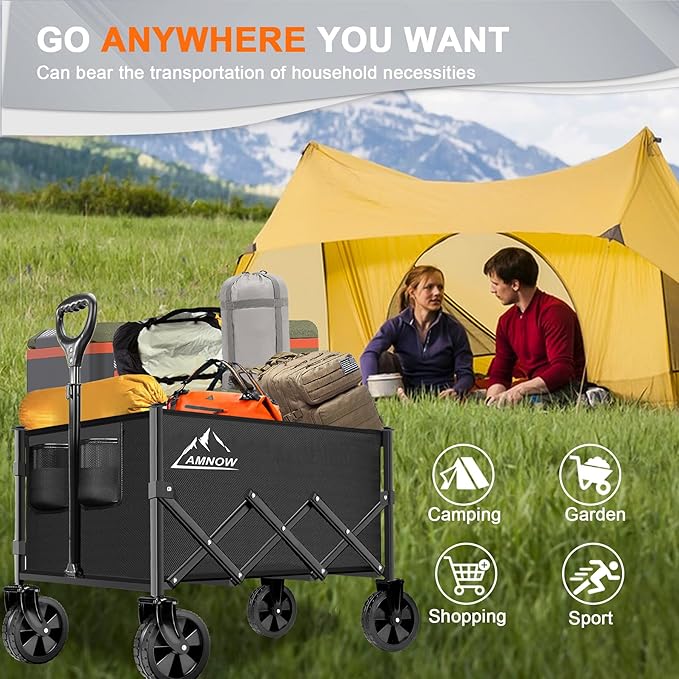 Collapsible Folding Wagon Cart, 350LBS Utility Large Capacity Cart Foldable Wagon with All Terrain Wheels, Grocery Wagons Carts for Garden Shopping Sports Camping, Black