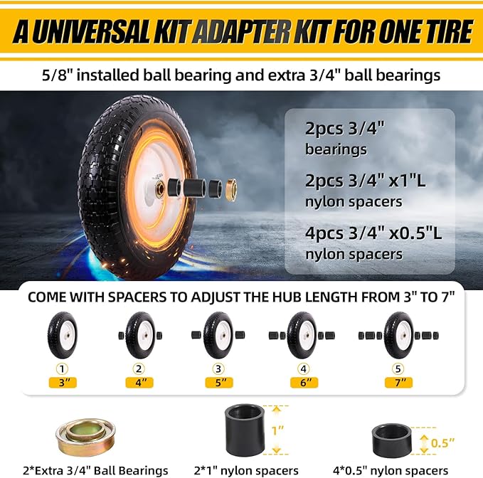 MZREXN 14.5" Wheelbarrow Tire Flat-Free 3.00/3.25/3.50/4.00-8" Solid Tire and Wheel with 3"-7" Centered Hub, 3/4" & 5/8" Bearings Replacement for Hand Truck/Dolly/Utility Cart/Garden Cart 2PCS White