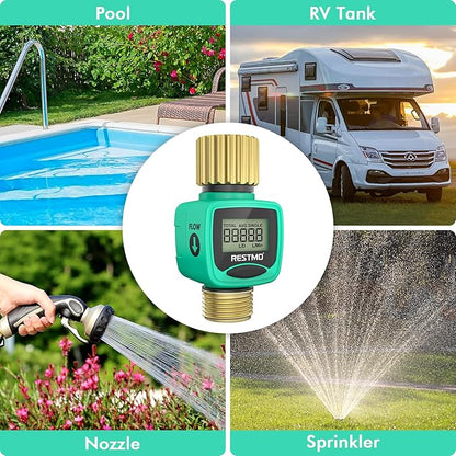 RESTMO Water Flow Meter with Brass Inlet & Outlet, Measure Gallon/Liter Consumption and Flow Rate for Outdoor Garden Hose Watering, RV Water Tank Filling, Lawn Sprinkler and Nozzle Sprayer