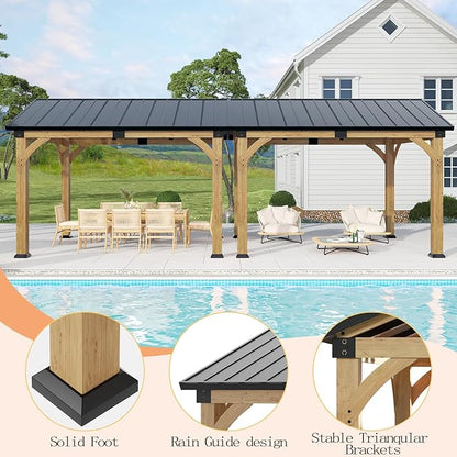 10x24 ft Cedar Wood Gazebo, Hardtop Gazebo with Galvanized Steel Peak Roof, Outdoor Pavilion for Snow Support, Wind Resistance, PowerPort, Shade for Garden, Patio, Deck