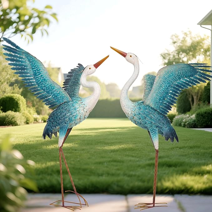 chisheen Garden Statue Outdoor Metal Heron Crane Yard Art Sculpture for Lawn Patio Backyard Decoration,46 inch (2-Pack) (White&Blue)
