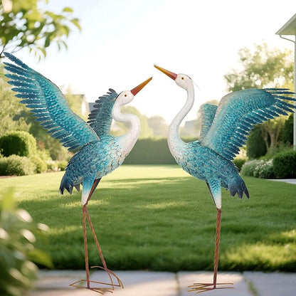 chisheen Garden Statue Outdoor Metal Heron Crane Yard Art Sculpture for Lawn Patio Backyard Decoration,46 inch (2-Pack) (White&Blue)