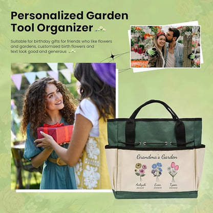 Personalized Garden Tools Set for Women: Custom Text Garden Tool Bag and Garden Shovel & Transplant Shovel & Hand Rake - Gardening Gifts for Mom Grandma Gardening Lover (3 Flowers)