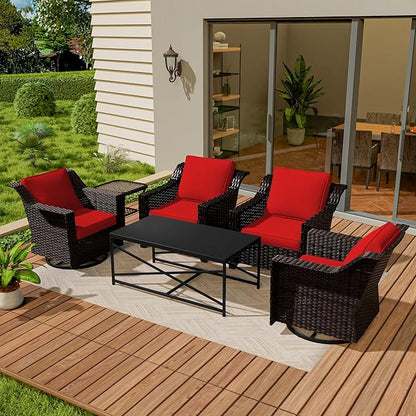Vista Vibe 6 Pieces Outdoor Rattan Patio Conversation Furniture Set - 360 Degree Swivel Glider Rocker Chairs | Coffee Table | 2 Wicker Chairs, Washable Cushions, Terrace, Sunroom (Brown/Red)